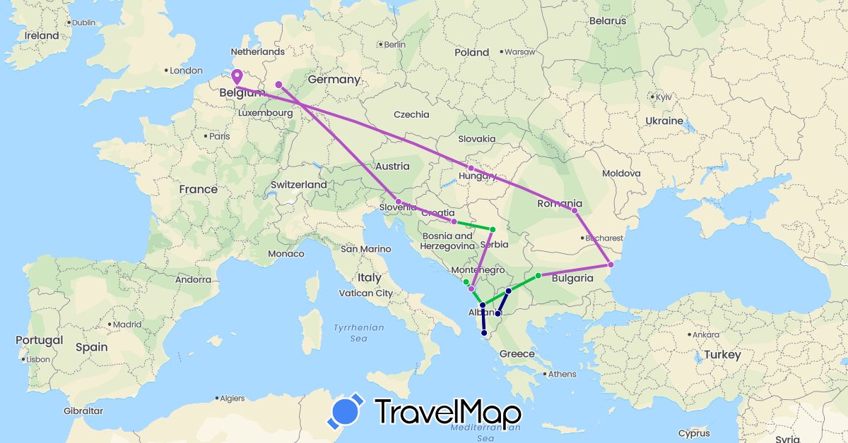 TravelMap itinerary: driving, bus, train in Albania, Belgium, Bulgaria, Germany, Croatia, Hungary, Montenegro, Macedonia, Romania, Serbia, Slovenia (Europe)